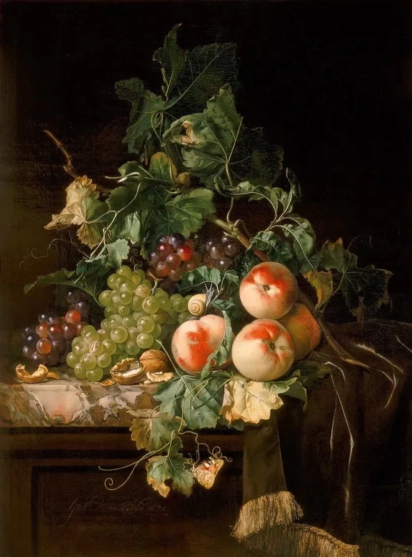 Natura morta con frutta, uva, pesche e noci